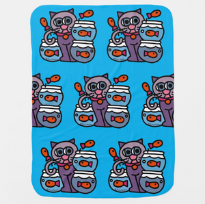 Baby Blanket: Purple Kitty with 3 Fishbowls Grid