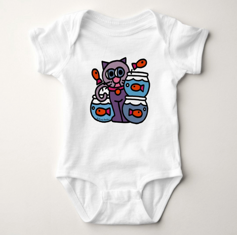 Baby Jersey Bodysuit: Kitty with 3 Fishbowls