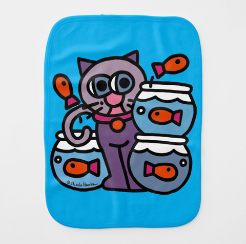 Burp Cloth: Purple Kitty with 3 Fishbowls