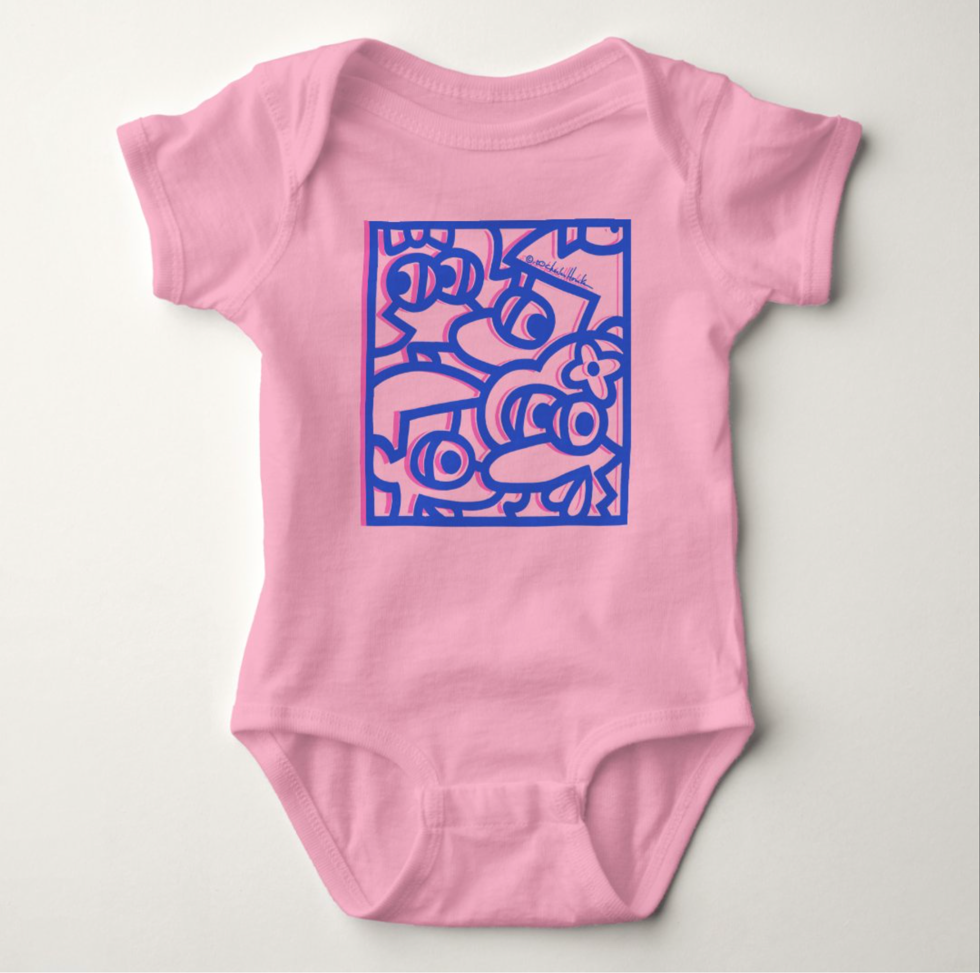 Baby Jersey Bodysuit: Pink with Blue Art