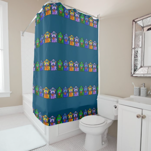 Shower Curtain: Dark Blue Rainbow Dog Pattern
