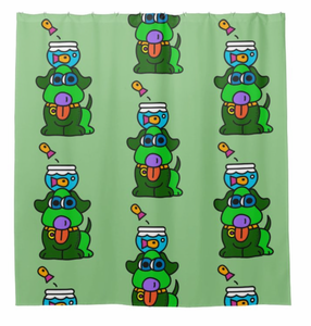 Shower Curtain: Green Fishbowl Dog Pattern